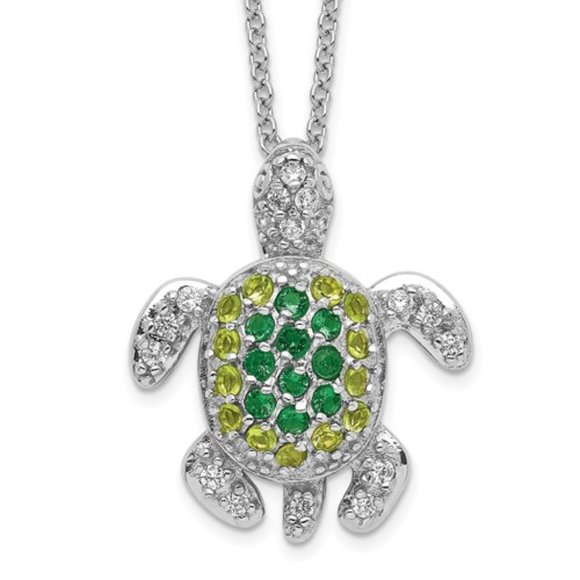 Sterling Silver Brilliant Cut Green Glass and CZ Turtle Necklace Pendant 18